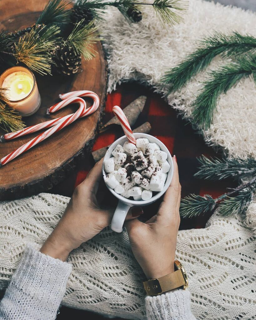 christmas photoshoot candycanes, marshmellows and hot coco