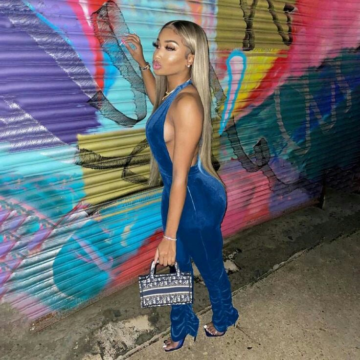 blue backless ruched jumpsuit