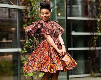 Brown high-neck Ankara short dresses