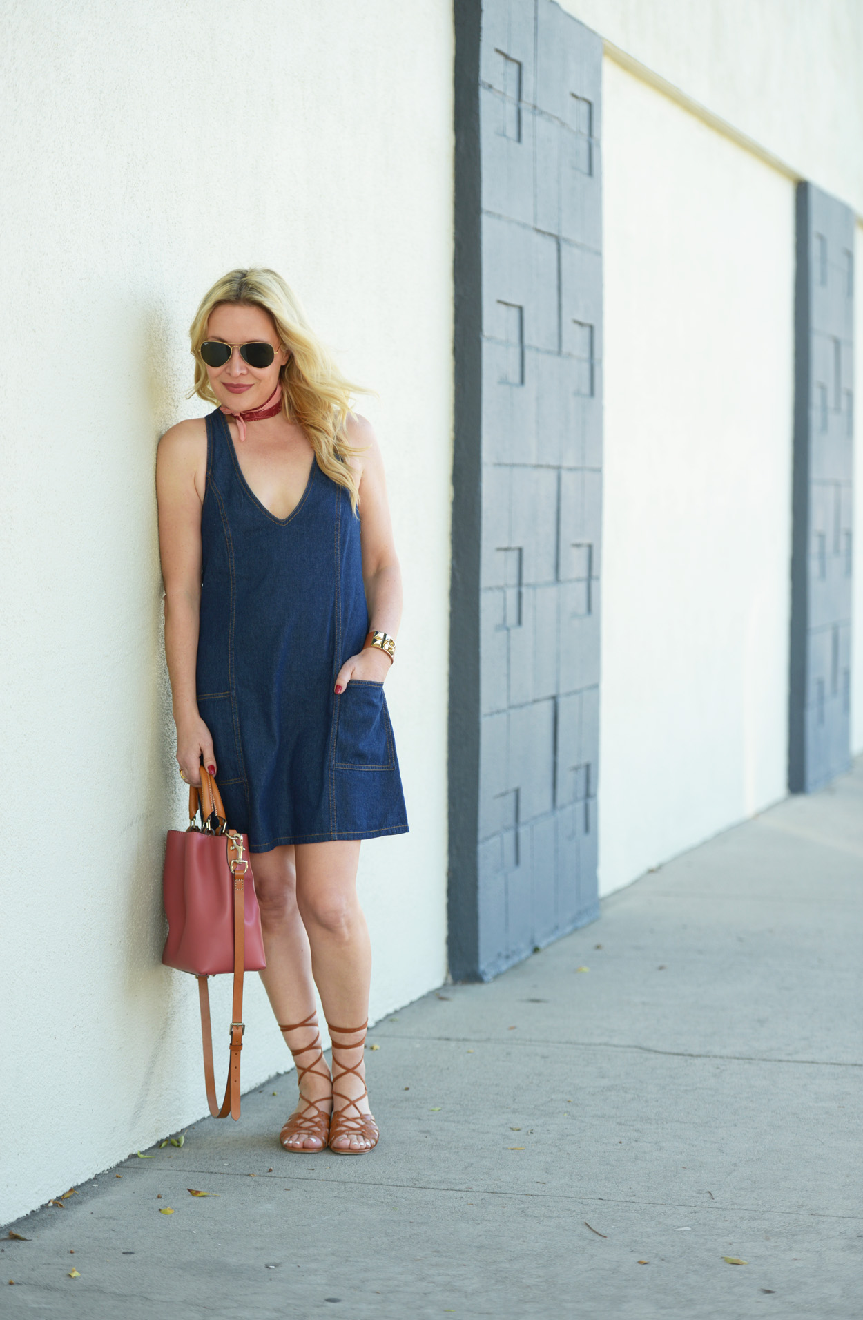 Strappy sandals with a denim dress