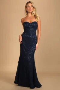 Strapless Navy Blue Lace Dress/ trendy Lace Dress: