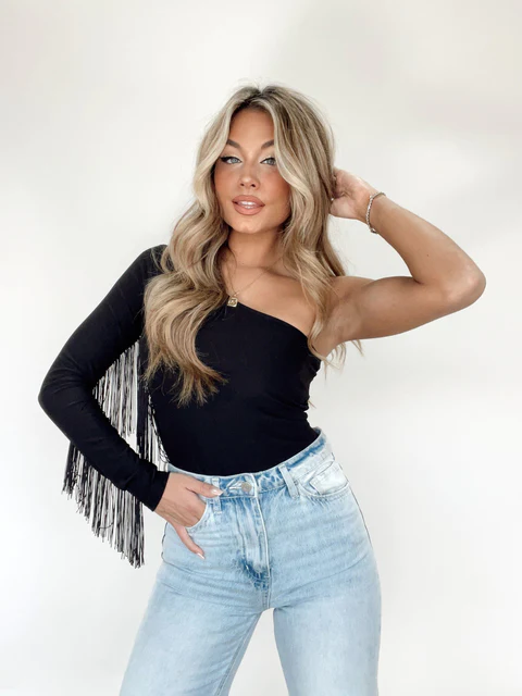 black Fringe One Shoulder Crop Top