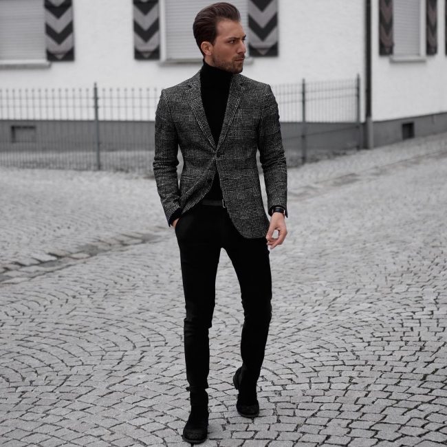 BLACK SHIRT WITH GREY SUIT