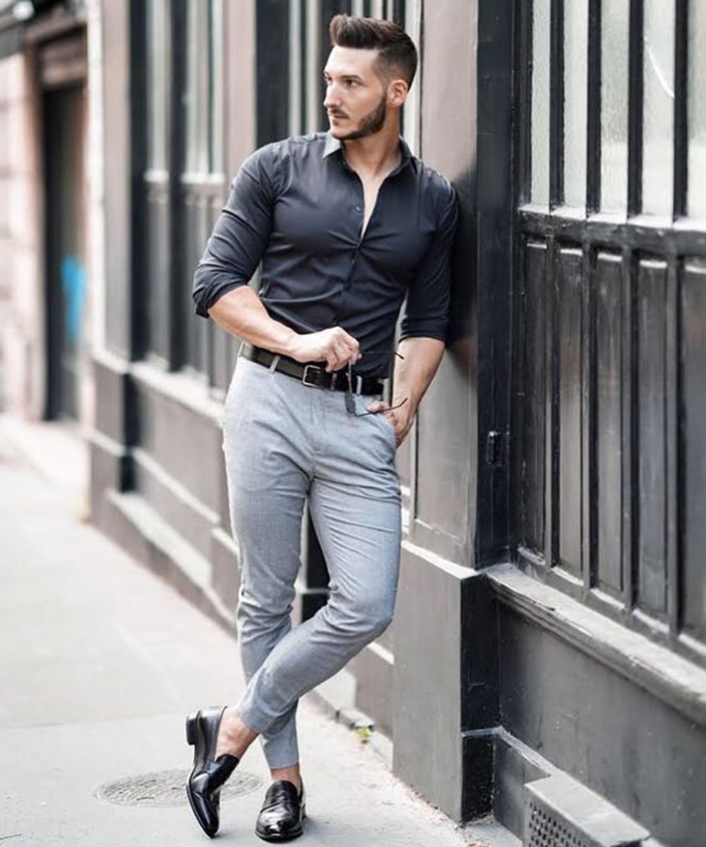 BLACK SHIRT AND GREY PANTS COMBINATIONS