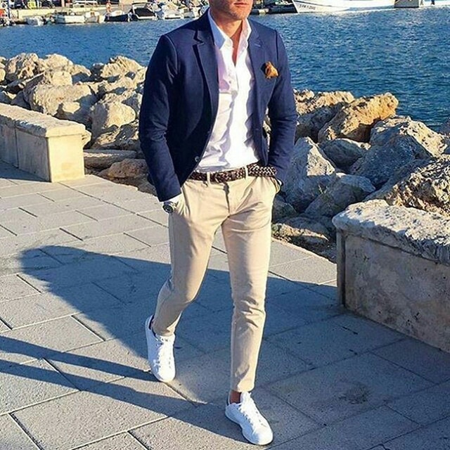 Casual Navy Blue Jacket Beige Pant Mens Suits Groom Tuxedos Groomsmen Wedding Party Suits For Men Custom Made Best Man Suits - Suits - AliExpress