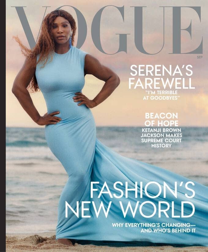 most popular fashion magazines cover of vogue magazine with Serena Williams in a long blue dress. 