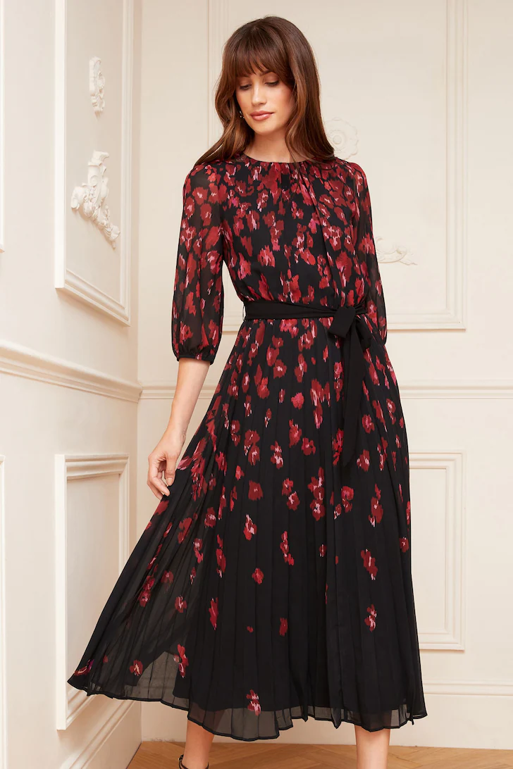 Love And Roses elegant midi dresses 3/4-sleeved printed pleated midi dress