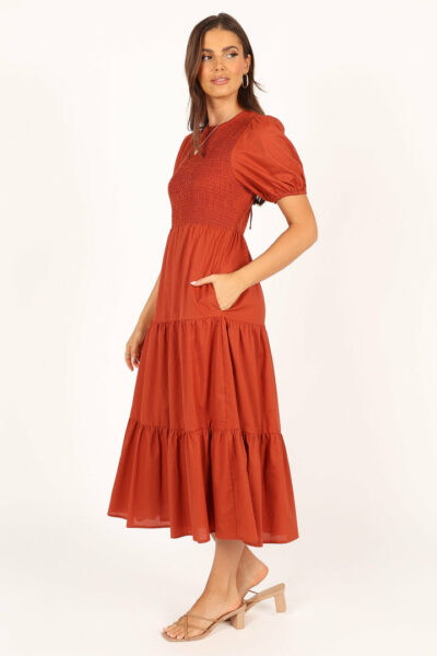 Naura shirred tiered midi dress-rust 2