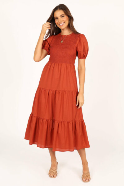 Naura shirred tiered midi dress-rust 1