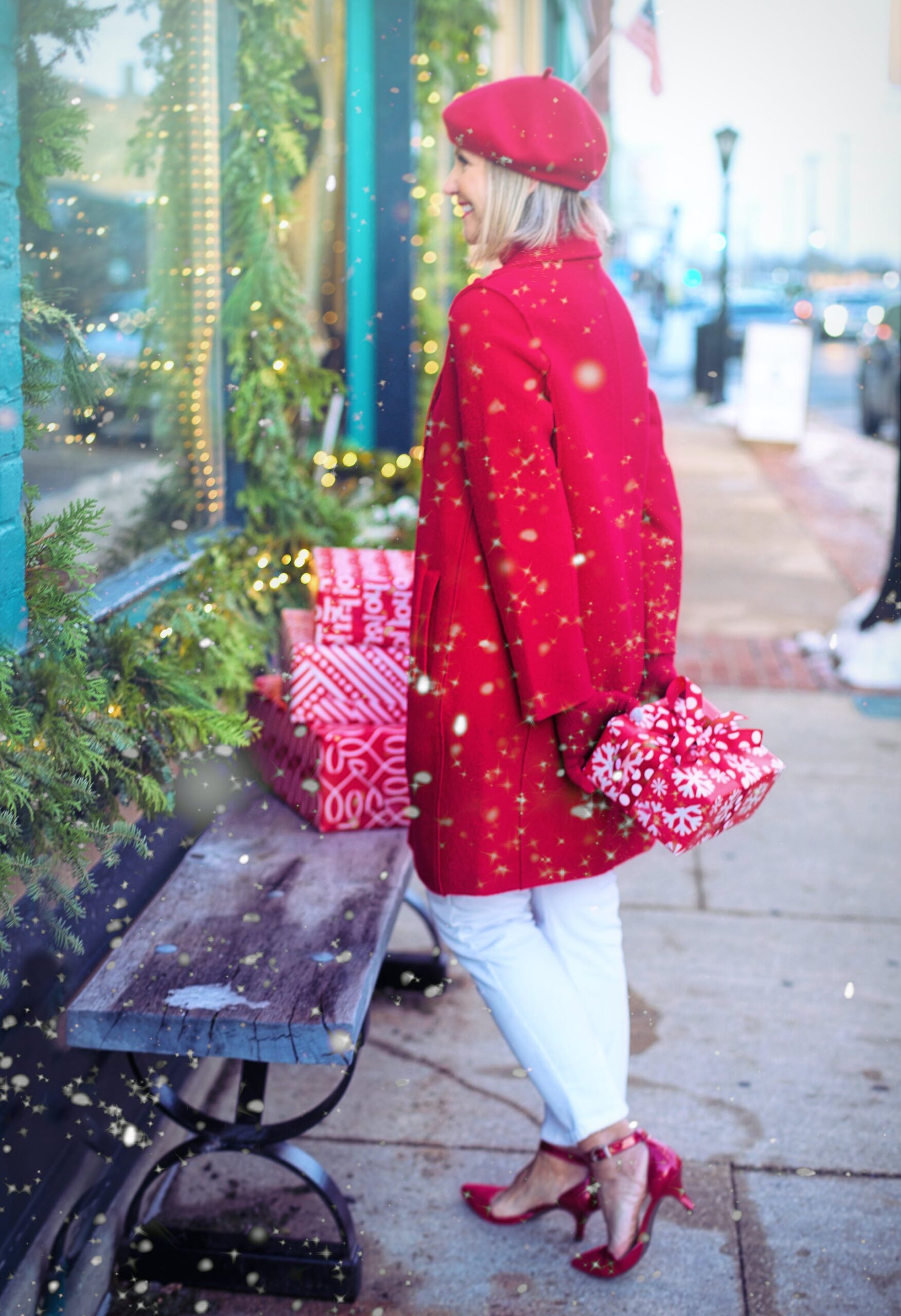 Girl wearing warm red jacket and hat