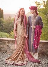 Pakistani culture man and woman wearing traditional Pakistani clothes.