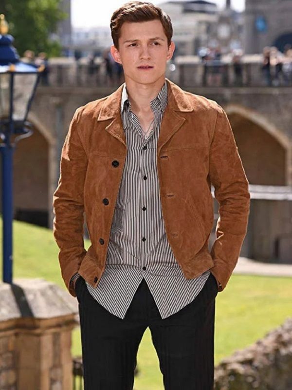 Tom Holland on suede jacket 