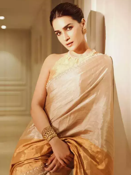 Kriti Sanon Gold Tissue Silk Saree standing in the hallway