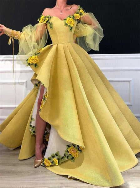 yellow prom dress with flowers