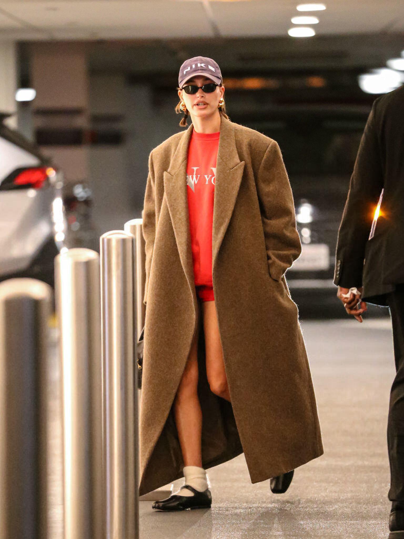 Hailey Bieber fashion wool coat