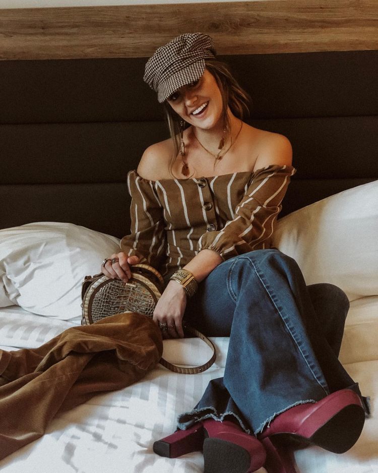 Brown Off the shoulder top bell bottom outfits