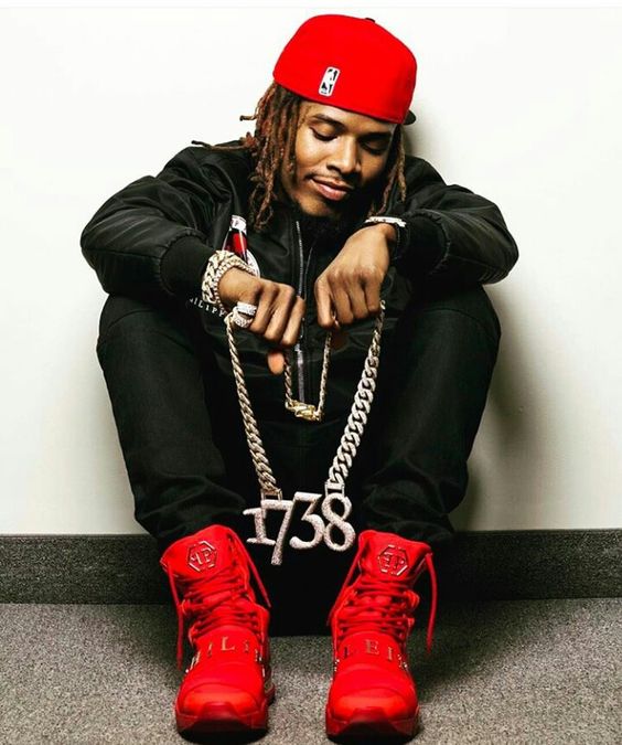 Fetty Wap’s fashion styles black outfit red shoes
