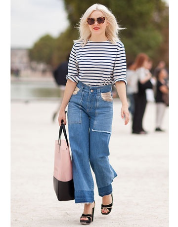 Denim Jackets Paired With Striped Breton Top and White Jeans