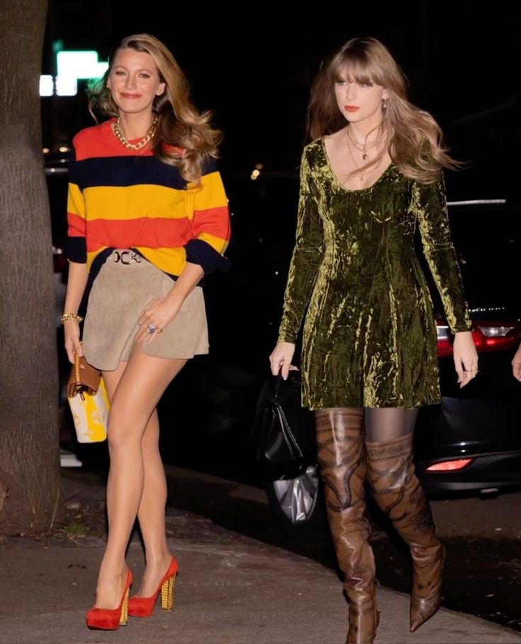 striped sweater and green dress Taylor Swift and Blake Lively