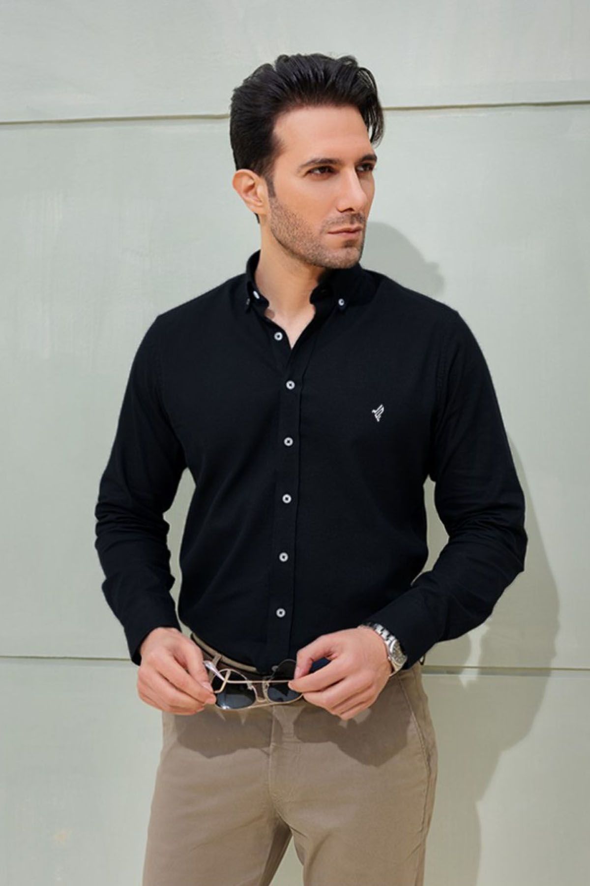 fitted black shirt for men with Khakis