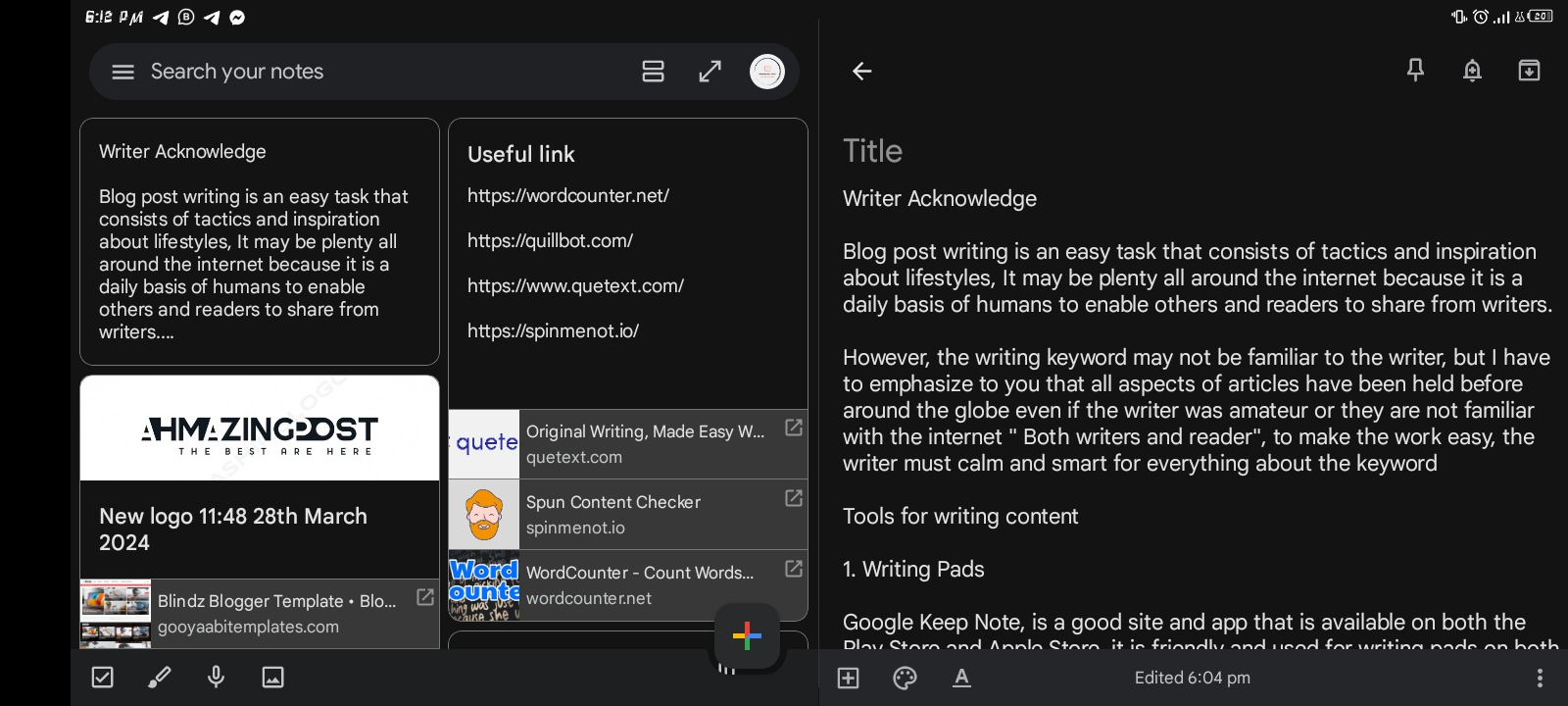 content writing Google Keep Note Screen Shot 