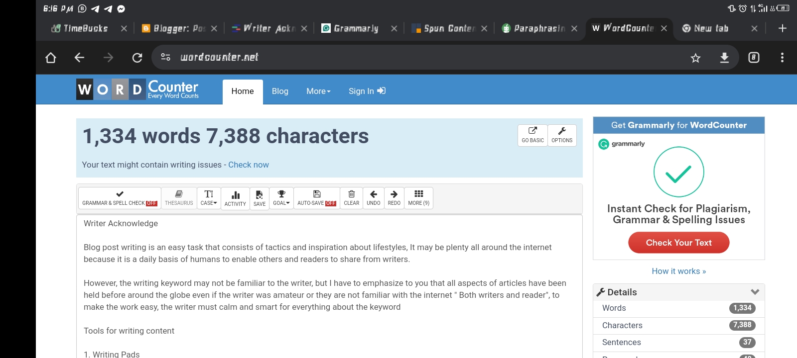 content writing Word Counter Screen Shot