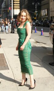 Emilia Clarke sage green dress