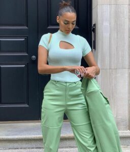 sage green outfit in the street