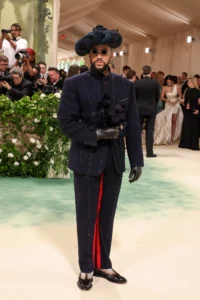 Bad Bunny black suit with red stripes / Best Dressed Men at the Met Gala 2024