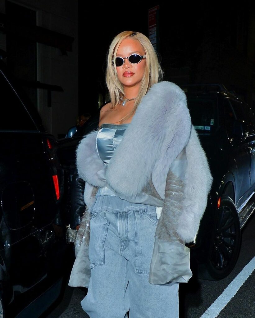 Rihanna Wide Leg cargo jeans with fuzzy jacket