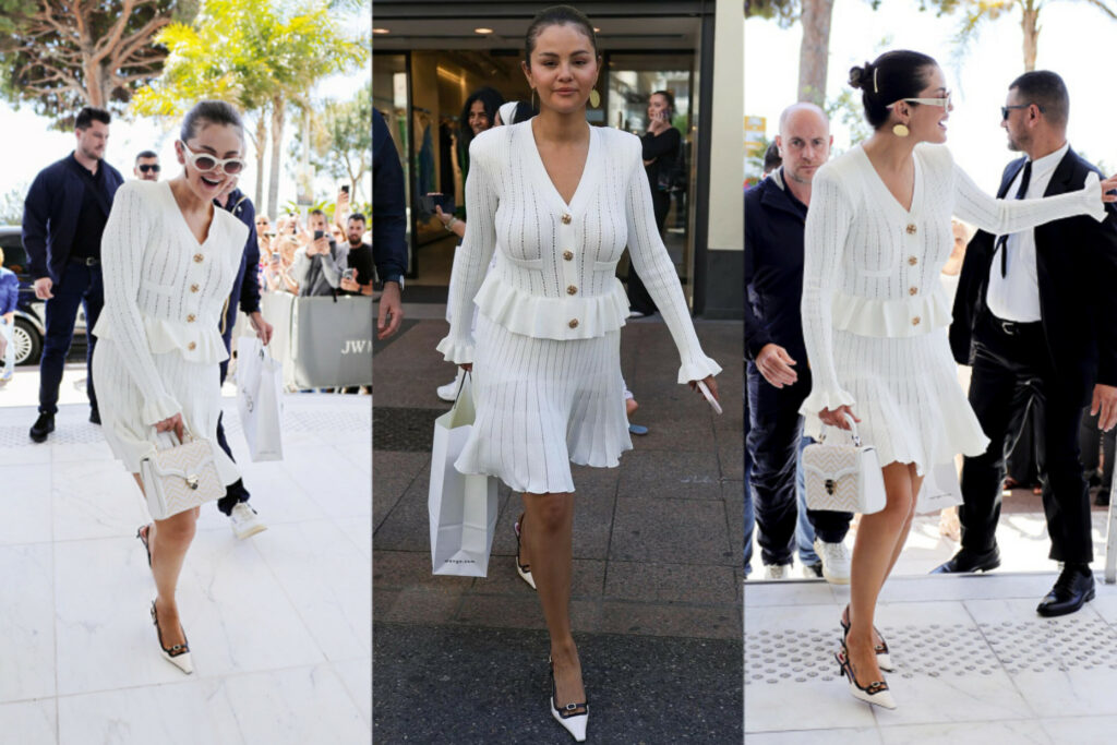 Selena Gomez Turns Heads in a Self-Portrait White Knit Peplum Mini Dress at the 2024 Cannes Film Festival