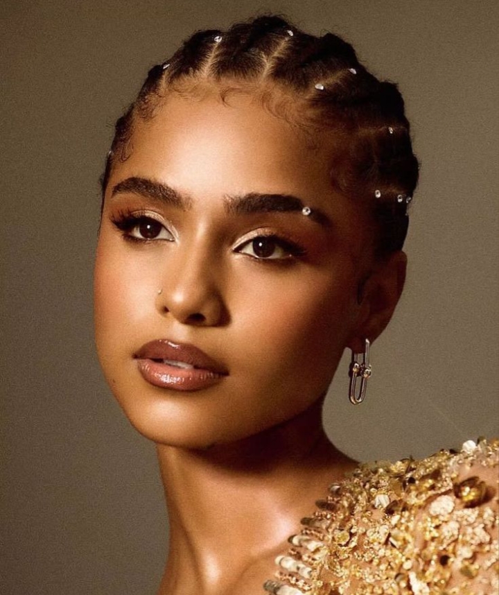 Tyla queen of cornrows with crystals in her hair 