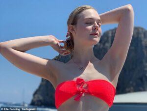 Elle Fanning Bikini fitting red look