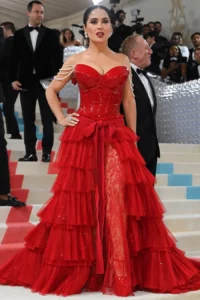 Stephanie Hsu polka dot red gown