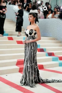 Stephanie Hsu off-shoulder colored dress