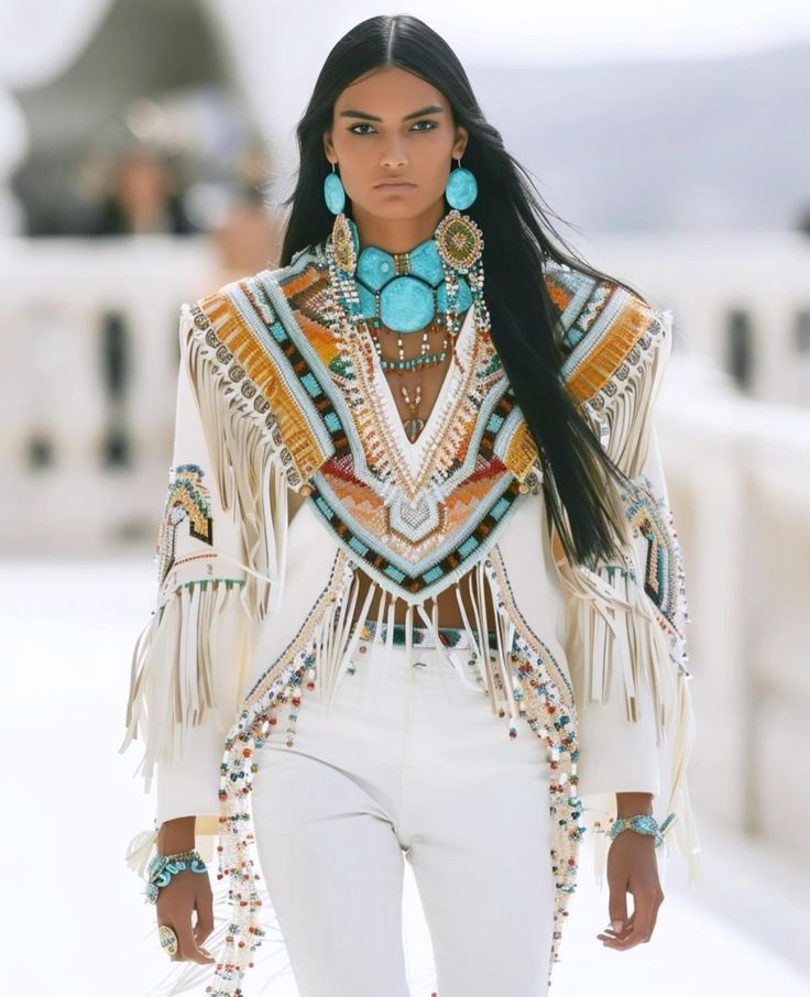 Native American fashion on the runway wearing brilliant colors