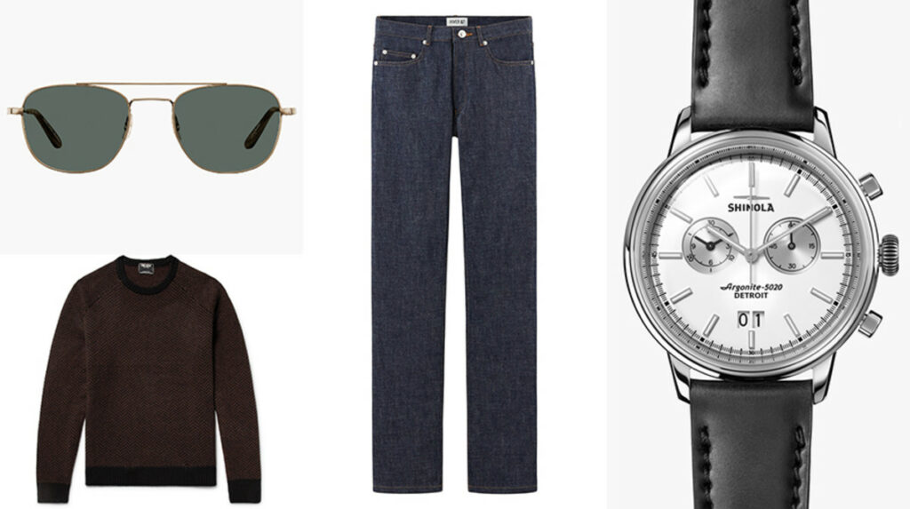 Men's wardrobe essentials items in a man's wardrobe, watch, jeans etc.