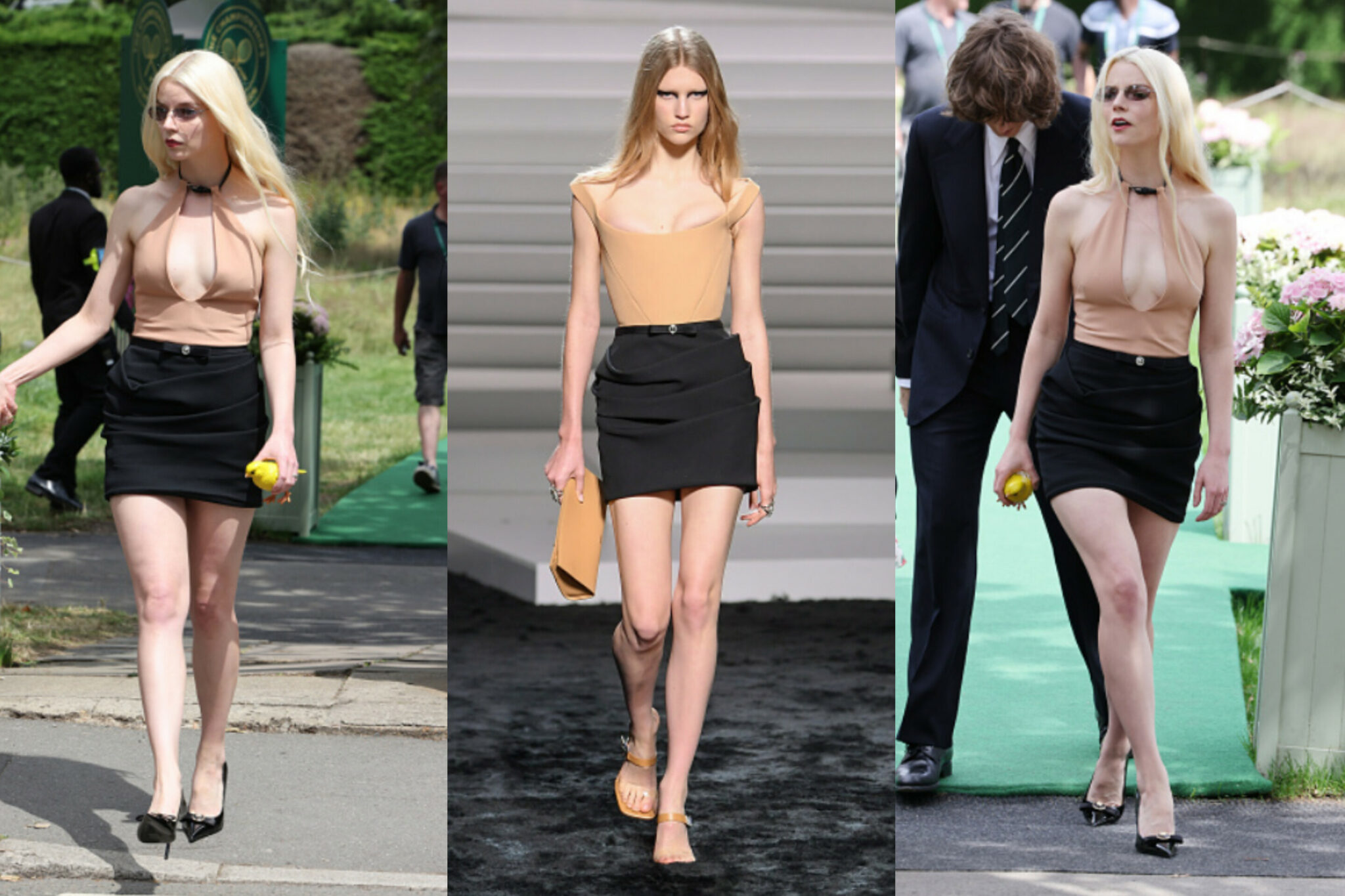 Anya Taylor-Joy wore a Versace black mini skirt and an Attico nude top on Day 13 of the Wimbledon Tennis Championships.