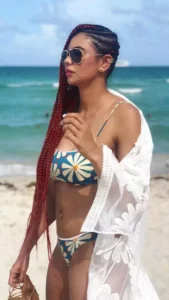 Sharmila Nicollet with her laced bikini