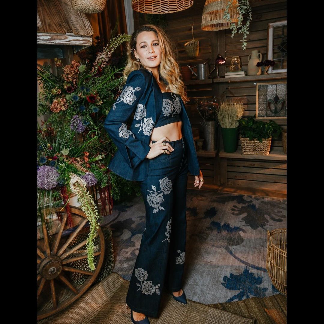 Blake Lively outfits wears a Cinq à Sept denim crystal floral pattern three-piece suit set