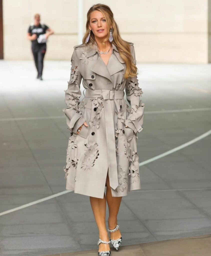 Blake Lively promoting It Ends With Us in London in trench coat 