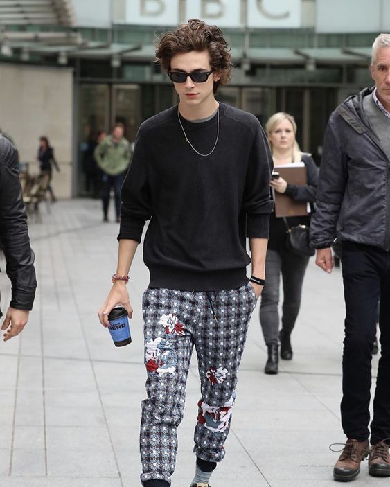 Timothée Chalamet blasck swet shirt and checked pants