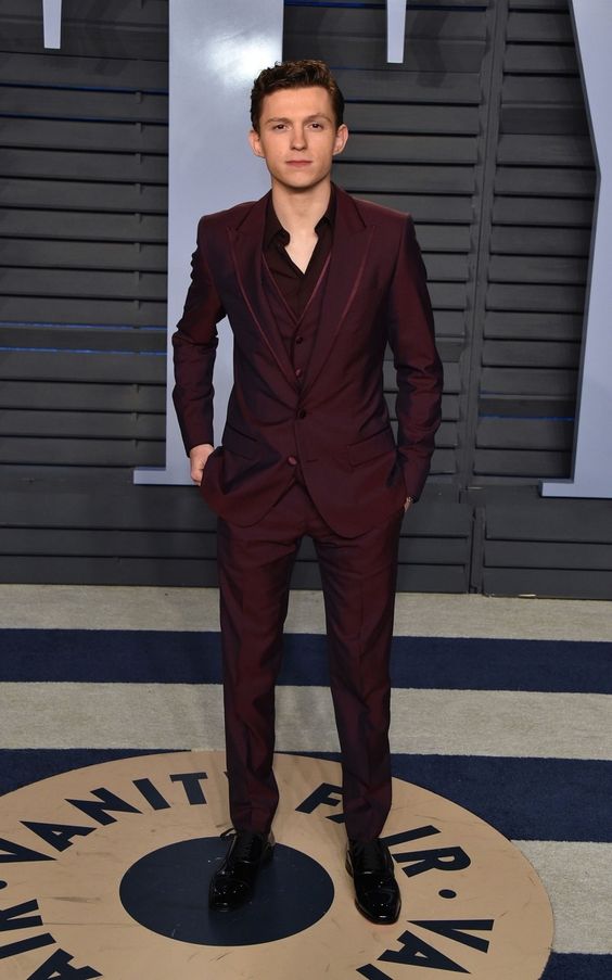 Tom Holland Fashion burgundy suit 