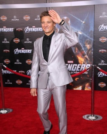 Jeremy Renner in a modern navy suit at the Avengers premiere