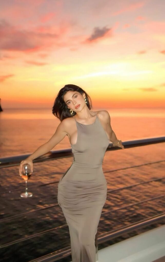 Kylie Jenner fashion brown dress in the sunset