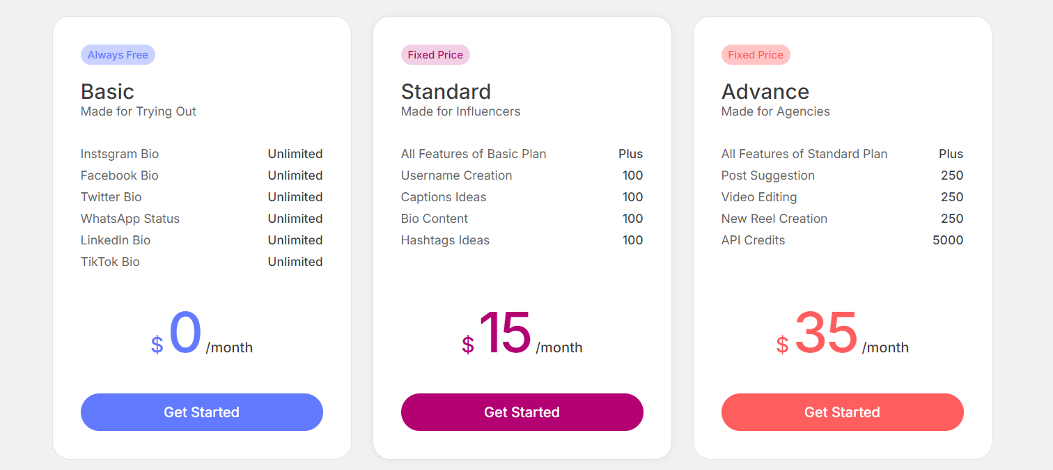 Instagram bio generator pricing