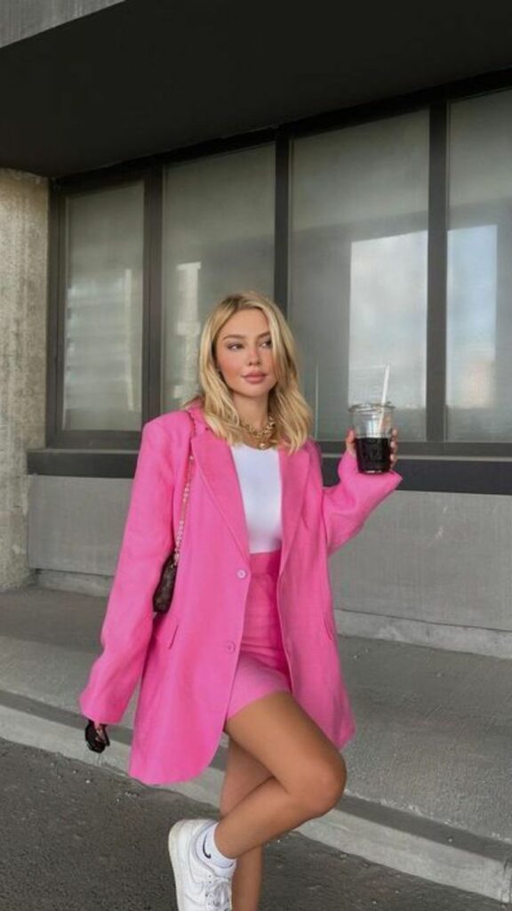 oversized t-shirts white with pink blazer and shorts