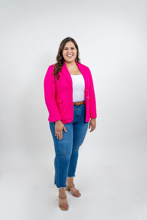 pink plus-size blazers with jeans
