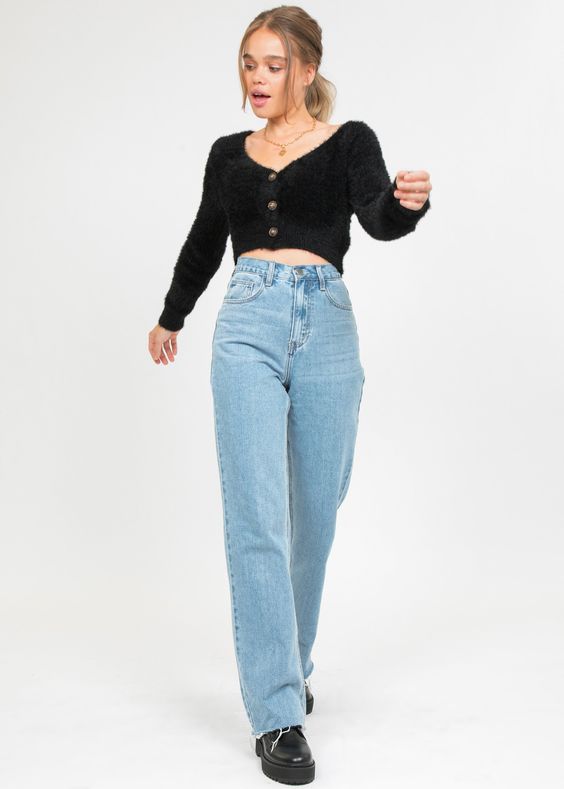 Black cropped cardigans with casual denim 