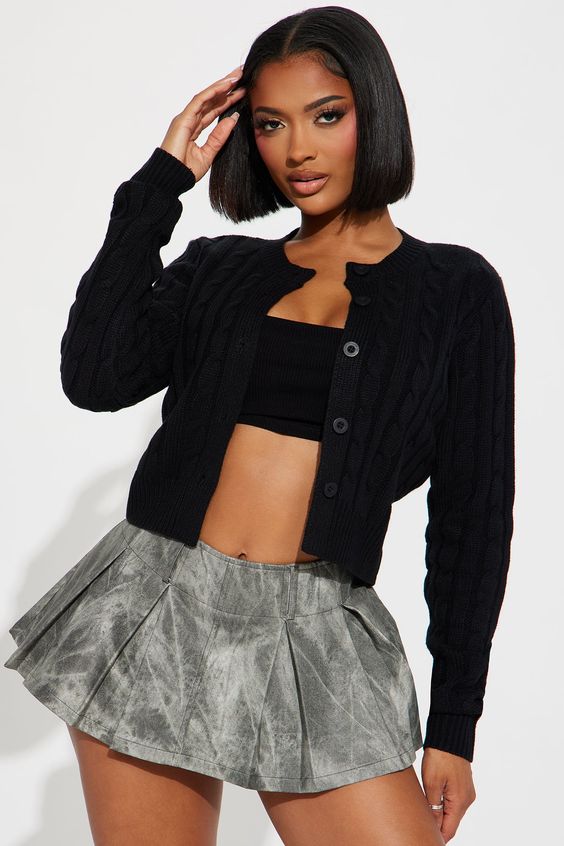 Black cropped cardigans with a sexy skirt